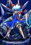  black_footwear bloomers blue_eyes blue_hair bow cirno clenched_hands dress fighting_stance hair_bow highres ice ice_wings nanto_seki necktie serious shoes short_hair solo touhou underwear wings 