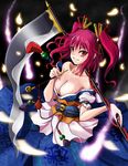  alternate_weapon bare_shoulders breasts cleavage coin dress hair_bobbles hair_ornament highres kiseru large_breasts obi off_shoulder onozuka_komachi pipe red_eyes red_hair sash scythe shinebell short_hair smile solo touhou two_side_up weapon 