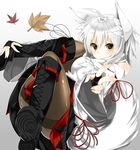  ahoge animal_ears autumn_leaves bare_shoulders boots brown_eyes brown_legwear cross-laced_footwear detached_sleeves fingerless_gloves gloves inubashiri_momiji kakao knee_boots lace-up_boots pantyhose shirt short_hair silver_hair skirt solo tail thighband_pantyhose touhou v wolf_ears wolf_tail 