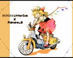  ascot blonde_hair blush character_name dotted_line fang flandre_scarlet ground_vehicle hair_ornament hat honda_super_cub jinkou-kuu letterboxed moped motor_vehicle motorcycle open_mouth red_eyes ribbon short_hair side_ponytail skirt skirt_set solo standing touhou 
