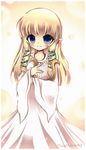  blonde_hair blue_eyes blush dress hair_ribbon harp highres instrument long_hair looking_at_viewer midna01 pointy_ears princess_zelda ribbon signature smile standing the_legend_of_zelda the_legend_of_zelda:_skyward_sword white_dress 