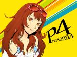 1girl alternate_hairstyle brown_eyes brown_hair collarbone eyewear_on_head head_tilt highres jewelry kujikawa_rise liangxieyue long_hair looking_at_viewer necklace parted_lips persona persona_4 red-tinted_eyewear smile solo sunglasses upper_body yellow_background 