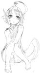  bare_shoulders barefoot fictional_persona greyscale head_fins looking_at_viewer monochrome monster_boy monster_girl original simple_background sitting sketch solo tail tekorun thighs v_arms white_background 