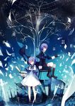  1girl bad_id bad_pixiv_id black_gloves blue_hair book cape chair coat cross dhiea dress floating_book flower flying_paper gloves lights original paper shirt short_hair shorts sitting standing tree water waves white_dress yellow_eyes 