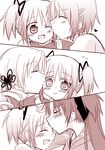  4girls blush cheek_kiss closed_eyes comic kaname_madoka kiss kodou_mikoto mahou_shoujo_madoka_magica miki_sayaka monochrome multiple_girls one_eye_closed sakura_kyouko silent_comic smile tomoe_mami yuri 