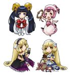  basket black_hair blonde_hair cake chibi chii chobits food freya_(chobits) full_body instrument julia_lichty kotoko_(chobits) long_hair multiple_girls pink_eyes pink_hair purple_eyes sumomo_(chobits) transparent_background twintails watermark web_address yellow_eyes 