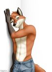  canine clothing fox fur green_eyes happy invalid_tag male mammal muscles pants pinup plain_backround pose sigma_x solo teasing topless young zerofox 