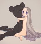  brown_hair cosplay dachaku grey_hair hug human kigurumi long_hair nude original sitting solo stuffed_animal teddy_bear very_long_hair wariza 
