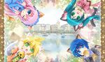  2girls animal_ears aqua_hair bell blonde_hair blue_eyes blue_hair cat_ears cat_tail circle_formation dress elbow_gloves gloves gongitsune_(gongitune2) green_eyes hatsune_miku jingle_bell kagamine_len kaito megurine_luka multiple_boys multiple_girls one_eye_closed open_mouth pink_hair tail twintails vocaloid 