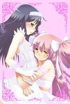  akemi_homura alternate_costume black_eyes black_hair blush dress gloves hairband hug kaname_madoka karappa lingerie long_hair mahou_shoujo_madoka_magica md5_mismatch multiple_girls pink_hair spoilers two_side_up ultimate_madoka underwear wedding_dress white_dress white_gloves wife_and_wife yellow_eyes yuri 