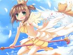  :d bad_id bad_pixiv_id brown_hair cardcaptor_sakura day elbow_gloves fuuin_no_tsue gloves green_eyes kero kinomoto_sakura liong open_mouth short_hair short_twintails sky smile thighhighs twintails two_side_up 