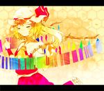  ascot bad_id bad_pixiv_id blonde_hair closed_eyes flandre_scarlet frills gradient hat hat_ribbon hexagon honeycomb_(pattern) honeycomb_background kaino letterboxed ribbon short_hair side_ponytail skirt skirt_set smile solo touhou wings wristband 