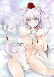  animal_ears atoshi breasts covering covering_crotch detached_sleeves green_eyes groin hat highres inubashiri_momiji large_breasts leaf maple_leaf nipples no_pupils nude outdoors pom_pom_(clothes) short_hair silver_hair sitting smile snow solo tail tokin_hat touhou white_hair winter wolf_ears wolf_tail 