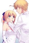  1girl ahoge artoria_pendragon_(all) bad_id bad_pixiv_id bare_shoulders blonde_hair blood blue_eyes dress elbow_gloves face fate/stay_night fate_(series) feeding fork gilgamesh gloves hair_ribbon hand_on_another's_cheek hand_on_another's_face long_hair ponytail prehensile_hair red_eyes ribbon saber stabbed stabbing yone_f15 