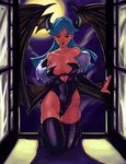  bare_shoulders bat_wings boots breasts bridal_gauntlets cleavage collarbone demon_girl fur_trim green_hair head_wings large_breasts leotard linistic lipstick long_hair makeup moon morrigan_aensland solo succubus thigh_boots thighhighs vampire_(game) window wings 