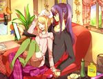  1girl 74x age_difference bad_id bad_pixiv_id blonde_hair couple green_legwear hair_ornament hair_ribbon hairclip hetero indoors kagamine_rin kamui_gakupo long_hair mirror open_mouth ponytail purple_hair ribbon short_hair smile sweater thighhighs vocaloid 