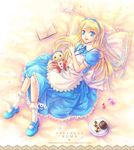  alice_(wonderland) alice_(wonderland)_(cosplay) alice_in_wonderland apron aqua_dress aqua_eyes blonde_hair book cosplay crossdressing dress frilled_pillow frills hair_ribbon hairband hidaka_yin kuma_(persona_4) long_hair male_focus mary_janes megami_tensei otoko_no_ko persona persona_4 pillow ribbon shin_megami_tensei shoes socks solo 