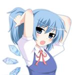  adjusting_hair alternate_hairstyle arms_up blue_dress blue_eyes blue_hair blush cirno dress fang ice ice_wings looking_at_viewer masiromu open_mouth ponytail ribbon short_hair simple_background solo touhou tying_hair white_background wings 