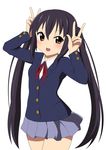  black_hair brown_eyes double_v k-on! kuri_youkan long_hair nakano_azusa school_uniform solo twintails v 