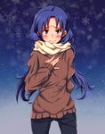  3: blue_hair blush brown_eyes denim idolmaster idolmaster_(classic) jeans kisaragi_chihaya long_hair lyrical_denko pants scarf snowflakes solo sweater unmoving_pattern 