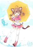  :d animal_ears ikusabe_lu open_mouth original skirt smile solo tail thighhighs twintails umbrella zettai_ryouiki 