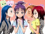  blue_hair blush brown_hair creature eyelashes foop futari_wa_precure_splash_star grey_eyes hair_bun half_updo hyuuga_saki kiryuu_kaoru kiryuu_michiru long_hair masaki_kazusa mishou_mai moop multiple_girls precure purple_hair red_hair shirt short_hair shy 