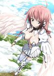  ahoge akita_hika angel_wings bad_id bad_pixiv_id blush breasts chain cleavage collar feathers flying green_eyes highres ikaros large_breasts long_hair ribbon skirt sky solo sora_no_otoshimono twintails wings 