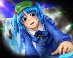  blue_eyes blue_hair blush hair_bobbles hair_ornament hat kawashiro_nitori key open_mouth pov short_hair short_twintails solo touhou translated tsuan twintails two_side_up water waterfall wet 