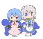  blue_eyes blue_hair chibi izayoi_sakuya ladfa maid maid_headdress multiple_girls red_eyes remilia_scarlet short_hair silver_hair touhou wings 