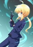  ahoge artoria_pendragon_(all) ayakashi_(monkeypanch) bad_id bad_pixiv_id belt black_gloves blonde_hair blush dutch_angle fate/stay_night fate/zero fate_(series) formal gloves highres long_hair pant_suit ponytail saber suit 