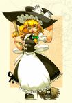  :p \n/ apron blonde_hair bow braid broom buttons hair_bow hair_ribbon hand_on_headwear hat kirisame_marisa manuke0726 mary_janes ribbon shoes single_braid solo tongue tongue_out touhou waist_apron witch_hat yellow_eyes zoom_layer 