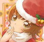  bad_id bad_pixiv_id bell bow brown_eyes brown_hair hand_on_own_face hat heartcatch_precure! myoudouin_itsuki pink_bow precure ryuuama santa_hat scarf short_hair solo 
