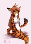  brown_hair feline female flora_(twokinds) hair keidran mammal nude relevancy sitting smile solo tiger twokinds webcomic 