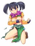  1girl blue_eyes breasts dragon_quest dragon_quest_iii fighter_(dq3) fingerless_gloves gloves kneeling nipples open_mouth short_hair short_twintails solo source_request torn_clothes twintails 
