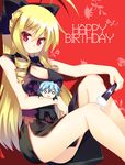  ahoge ayasaki_hayate blonde_hair blue_hair bow breasts character_doll china_dress chinese_clothes cleavage dress drill_hair fan hair_bow happy_birthday hayate_no_gotoku! highres hoppege large_breasts legs long_hair o_o red_eyes solo tennousu_athena thighs twin_drills twintails 