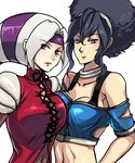  bad_id bad_pixiv_id bare_shoulders black_hair blue_eyes bra_strap breast_press breasts diana_(kof) extra face foxy_(kof) hairband highres jewelry kkaiju large_breasts midriff multiple_girls necklace red_eyes scrunchie the_king_of_fighters white_hair 
