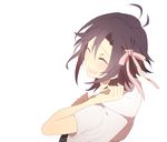  black_hair closed_eyes hair_ribbon idolmaster idolmaster_(classic) kai28 kikuchi_makoto ribbon short_hair simple_background smile solo 