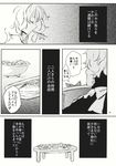  bow closed_eyes comic doujinshi eating hair_bow hakurei_reimu highres kirisame_marisa monochrome multiple_girls table touhou translated yonu_(yonurime) 