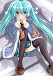  aqua_hair bad_id bad_pixiv_id blush coat earmuffs green_eyes hatsune_miku kaima long_hair panties pantyshot pantyshot_(sitting) scarf sitting sitting_on_stairs skirt snow solo stairs striped striped_panties thighhighs twintails underwear very_long_hair vocaloid 