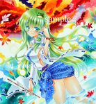  at_classics bare_shoulders blue_eyes blush breasts detached_sleeves frog green_hair hair_ornament hair_tubes kochiya_sanae large_breasts leaf long_hair marker_(medium) sample sideboob skirt smile snake solo touhou traditional_media water 