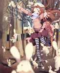  :3 absurdres bad_id bad_pixiv_id blush brown_hair bunny closed_eyes hat highres long_hair long_sleeves open_mouth original outstretched_arms scarf skirt solo striped striped_legwear thighhighs tree yoyoyotto 