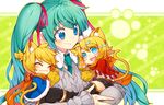  2girls :3 animal_ears aqua_eyes aqua_hair cat_ears chibi gloves hair_ornament hair_ribbon hairclip hatsune_miku highres kagamine_len kagamine_rin kemonomimi_mode multiple_girls necktie paw_gloves paws renta_(deja-vu) ribbon smile sweater twintails vocaloid 