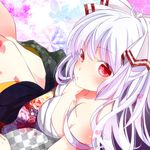  alternate_costume blush bow breasts checkered close-up fujiwara_no_mokou hair_bow highres japanese_clothes large_breasts long_hair mike_(mikenekotei) open_mouth patterned red_eyes sarashi solo thighs touhou white_hair 