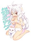  ahoge animal_ears barefoot bikini blush breasts cat cat_ears fang highres long_hair navel one_eye_closed open_mouth original paw_pose por red_eyes ribbon sitting small_breasts solo swimsuit tail wariza white_bikini white_hair 