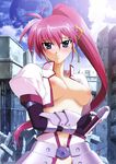  1girl armor blue_eyes blush breasts building highres long_hair looking_at_viewer lyrical_nanoha mahou_shoujo_lyrical_nanoha mahou_shoujo_lyrical_nanoha_a&#039;s mahou_shoujo_lyrical_nanoha_a's mahou_shoujo_lyrical_nanoha_strikers nipples nude nude_filter open_clothes open_shirt photoshop pink_hair ponytail puffy_nipples raised_eyebrows rubble shirt signum solo sweat sword weapon 