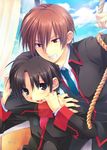  arm_around_neck brown_eyes brown_hair grin highres little_busters! multiple_boys naoe_riki natsume_kyousuke necktie one_eye_closed open_mouth red_eyes satomi_yoshitaka school_uniform short_hair smile 