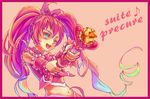  ;d aqua_eyes border bow braid copyright_name cure_melody eighth_note frills hairband houjou_hibiki long_hair magical_girl midriff miracle_belltier musical_note navel one_eye_closed open_mouth pink pink_background pink_border pink_bow pink_hair potepote precure smile solo staff suite_precure twintails 