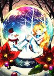  bad_id bad_pixiv_id blonde_hair christmas earmuffs elbow_gloves gloves glowing green_eyes highres leg_warmers long_hair merry_christmas original sazanami_shione sitting skirt smile snow snow_globe snowflakes snowing solo tree white_gloves 