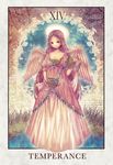  angel angel_wings bad_id bad_pixiv_id braid brown_eyes brown_hair chalice dress gem halo highres leaf long_hair mirusa original pouring shawl solo tarot temperance_(tarot_card) water wings 