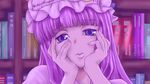  hands_on_own_cheeks hands_on_own_face hat indoors library long_hair parody patchouli_knowledge purple_eyes purple_hair solo tama_(kapifowatama) touhou voile yandere_trance 
